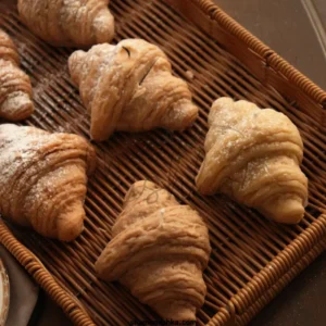 عکس چند شمع کروسان در سبد حصیری از بالا