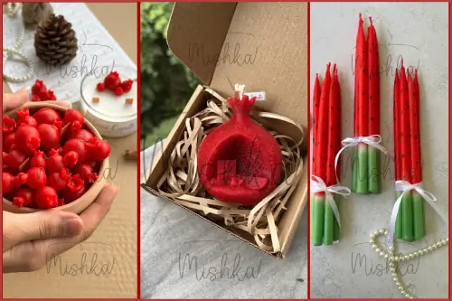 شمع های شب یلدا در یک قاب شامل شمع بیبی کندل و انار ترمه و جار انار سفالی
